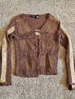 Vintage 90's Brown Crochet Patchwork Suede Y2K Front-Tie Cardigan